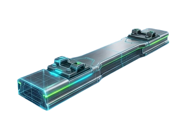 ERS composite rail tie — 3D engineering render showing structural cross-section with fiberglass reinforcement and rail seat zones